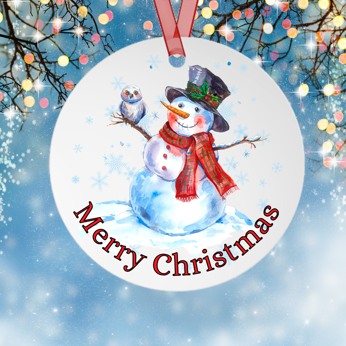 Printify Home Decor Round / One Size Christmas Ornament, Snowman with Owl Christmas Ornament, Snowman Gift, Custom Ornament, Metal Ornament, Christmas Gift 20476401933893380586